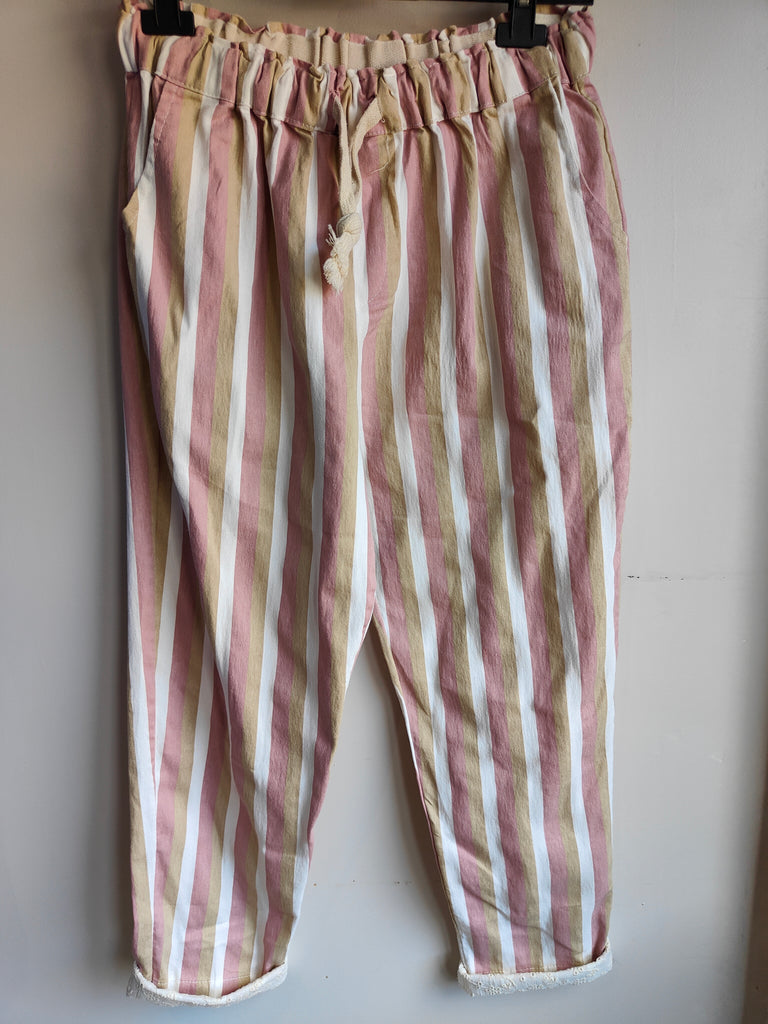 Pantalon Lino rayure rose et beige